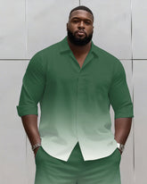 Big & Tall Men's Business Simple Green & White Gradient Long Sleeve Shirt And Shorts Set